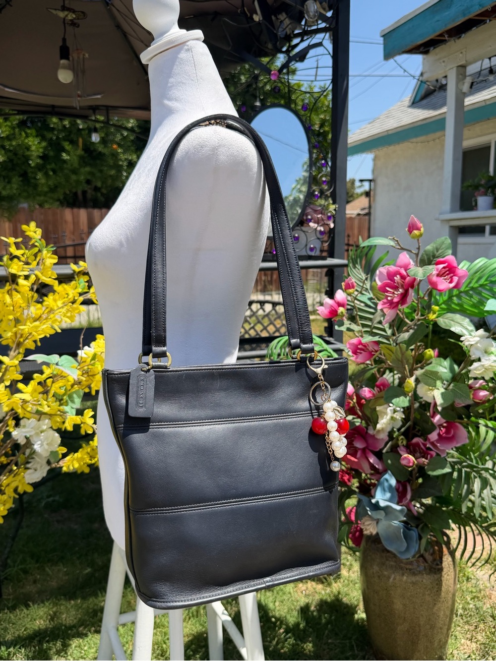 Coach  Black Leather Tote Bag with Bead Charm - Picture 4 of 10